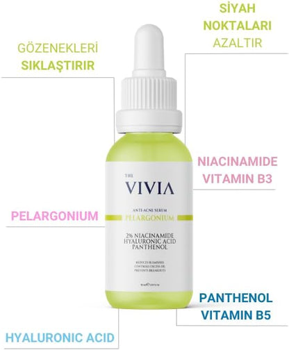 The Vivia Siyah Nokta, Sivilce ve Akne Karşıtı, Gözenek Sıklaştırıcı Cilt Serumu Pelargonium Niacinamide Hyaluronic Acid Panthenol 30 ml