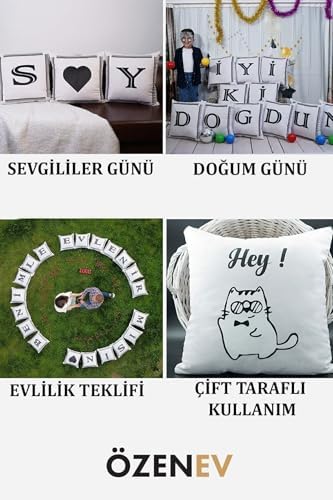 Harfli Kırlent Kılıfı Kadife 43X43 Cm Çift Taraflı Y Harfi Kedi Desenli Evlilik Teklifi Doğum Günü