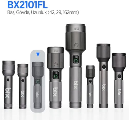 Bix Flashlight BX2101FL 30W LED, Max. 1450 Lümen Parlaklık ve 690 Metreye Kadar Uzun Menzilli Şarj Edilebilir, LED Güç Göstergeli Çok Modlu Acil Durum ve Kamp Kompakt El Feneri