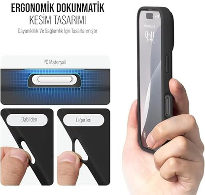 iPhone Kılıf İnce Sıvı Silikon 3 Katmanlı Tam Kaplamalı Yumuşak Jel Kauçuk Kılıf Kapak (Siyah, iPhone 16 Pro)
