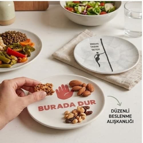 4'lü Seramik Tabak Seti, Porsiyon Kontrol Tasarımlı, Protein ve Sebze Bölmeli, Diyet Dostu