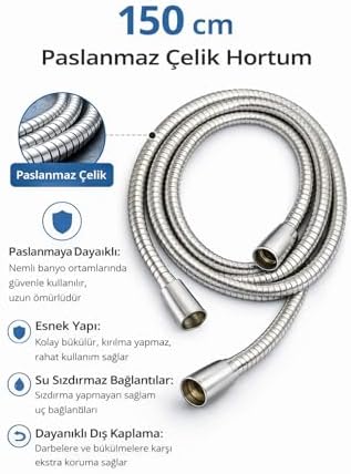 Paslanmaz Çelik Duş Hortumu Ve El Duşu Seti, 150 Cm Esnek Hortum, Yüksek Basınçlı Duş Başlığı, Kireç Önleyici Nozullar, Evrensel Bağlantı, Banyo İçin,El Duşu Ve Paslanmaz Çelik Duş Hortumu Seti 150 Cm