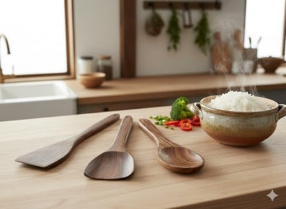 Doğal Ahşap 6 Parça Mutfak Gereçleri Seti | Yemek Pişirme ve Servis Seti | Kaşık, Spatula, Kevgir, Salata Servis Kaşığı | Sağlıklı, Dayanıklı ve Şık Tasarım