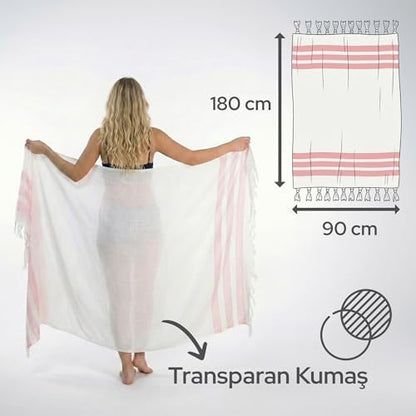 Pembe 2'li - 90 x 180 cm - İnce & Transparan - Kadınlar için İpeksi Yumuşak Peştamal - Bambu & Pamuk Karışımı - Dokuma Şeritleri Solmaz ve Uzun Ömürlü - Dekoratif Hediyelik Peştamal