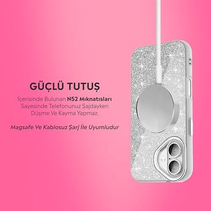 iPhone Kılıf M-safe Şarj Özellikli Parlayan Simli Sararmaz Kılıf (Gümüş, iPhone 16)