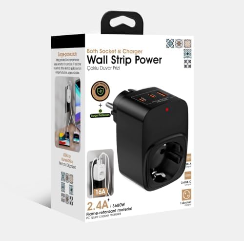 Vetech Akım Korumalı Priz 1x Priz, 2x Type-C, 1x USB Port Çıkışlı Tekli (Siyah)