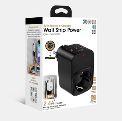 Vetech Akım Korumalı Priz 1x Priz, 2x Type-C, 1x USB Port Çıkışlı Tekli (Siyah)