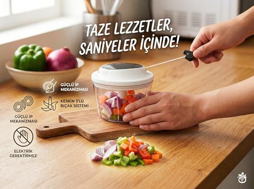 Pratik İpli El Rondosu - 500 ml Keskin Paslanmaz Çelik 3 Bıçaklı Soğan ve Sebze Doğrayıcı, Mutfak Robotu