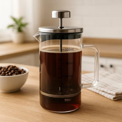 Borosilikat Cam French Press 350ml - Paslanmaz Çelik Filtreli Ölçekli Kahve ve Bitki Çayı Demliği - Isıya Dayanıklı Kişisel Kupa - Metal Kapaklı
