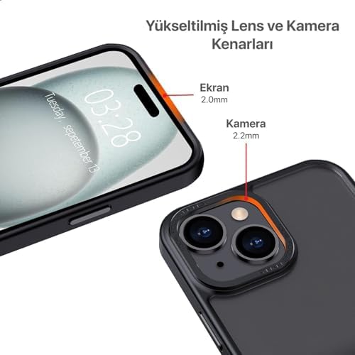 iPhone 15 için Mat Hybrid Materyal Metal Kamera Korumalı ve Metal Tuş Takımlı Ultra Güçlü Koruma Sağlayan ve Şık Görünümlü Premium Kılıf (Siyah, 15)