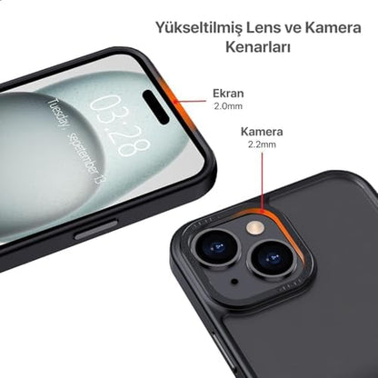 iPhone 15 için Mat Hybrid Materyal Metal Kamera Korumalı ve Metal Tuş Takımlı Ultra Güçlü Koruma Sağlayan ve Şık Görünümlü Premium Kılıf (Siyah, 15)