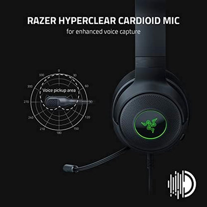 Razer Kraken V3 X USB - Kablolu USB Oyun Kulaklığı (285 g'da ultra hafif, TriForce 40 mm sürücüler, HyperClear Kardioid Mikrofon, 7.1 surround ses, Chroma RGB) Siyah