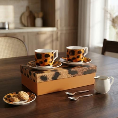 2'li Porselen Kahve Fincanı Takımı - 100 cc Leopar Desenli Altın Yaldızlı Premium Türk Kahvesi ve Espresso Fincan Seti