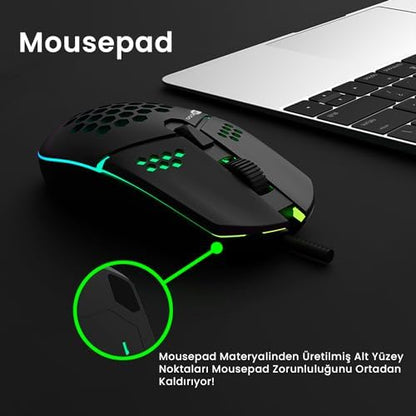 MS105 Kablolu 3200DPI 6 Tuşlu RGB LED Aydınlatmalı 103gr Ağırlık Optik Sensör Oyuncu Mouse Siyah