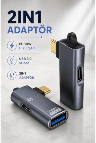 Type-C OTG 2-in-1 Adaptör PD 10W Hızlı Şarj USB 3.0 5Gbps Type-C ve USB-A Bağlantı Mobil Tablet Notebook için | ADS-617 (Gri - PD 10W)
