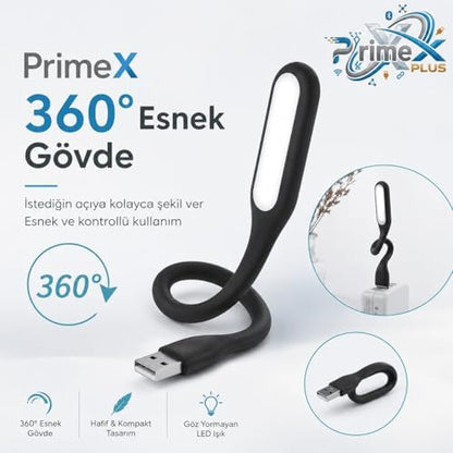 PX-40 Siyah USB LED Aydınlatma, Esnek Gövdeli Taşınabilir USB Lamba, Güçlendirilmiş Beyaz Işık, Laptop Notebook Powerbank PC İçin Tak Çalıştır Mini USB Led Okuma Lambası