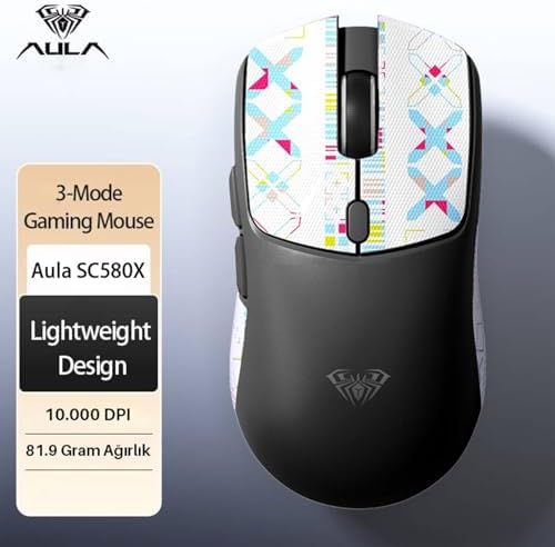Aula SC580X Lightweight PAW3395 Sensor 10000 DPI 1000Hz Kablolu ve Kablosuz Gaming Oyuncu Mouse Siyah