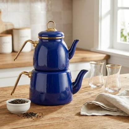 İçten Kaplamalı Emaye Çaydanlık Takımı - Gold Detaylı Nostaljik Alt Üst Çay Seti (1.2 Litre + 2 Litre) - 3 Renk Seçeneği (MAVİ)
