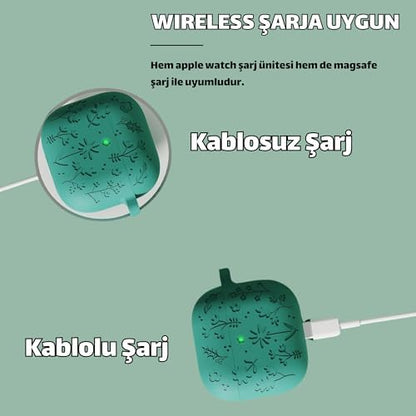 AirPods 4. Nesil Uyumlu Çiçek İşlemeli Premium Silikon Kulaklık Kılıfı ve 3'ü 1 Arada Bluetooth Kulaklık Temizleme Kalemi Seti (Orman Yeşili)