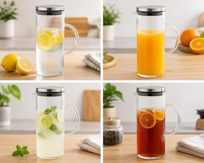 1500 ML Cam Sürahi Metal Kapaklı Şeffaf Sürahi Dayanıklı Cam Gövde Ergonomik Sap Akıtmaz Ağız Tasarımı Soğuk İçecekler İçin Limonata Meyve Suyu Su Sürahisi Modern Mutfak Kullanımı