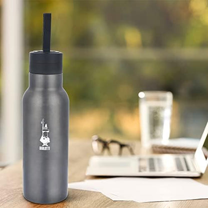 Termal Şişe - 500mL - Koyu Gri Renk - Paslanmaz Çelik - Çift Katmanlı - 12 Saat Sıcak 24 Saat Soğuk Tutar - Hava Geçirmez Vidalı Kapak Özelliği - Özel Silikon Conta Sayesinde Sızdırmaz Şişe