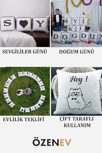 Harfli Kırlent Kılıfı Kadife 43X43 Cm Çift Taraflı Ile Ve Sembolü Kedi Desenli Evlilik Teklifi