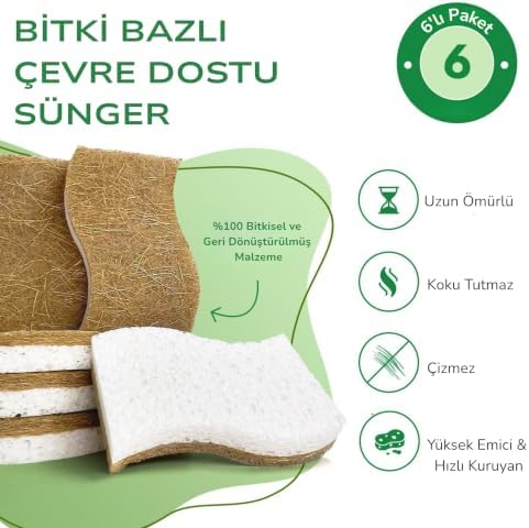 Bitki Bazlı Doğal Bulaşık Süngeri 6’lı Paket, Ekstra Dayanıklı, Koku tutmaz, Çizmeden Temizler, Hindistan Cevizi Lifi ve Selüloz