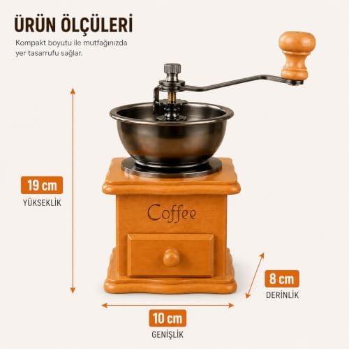 Ahşap Hazneli Kahve Değirmeni, Metal Mekanizmalı Manuel Kahve Öğütücü, Çekmeceli El Değirmeni, Ayarlanabilir Öğütme Hazneli Mutfak Kahve Öğütücüsü
