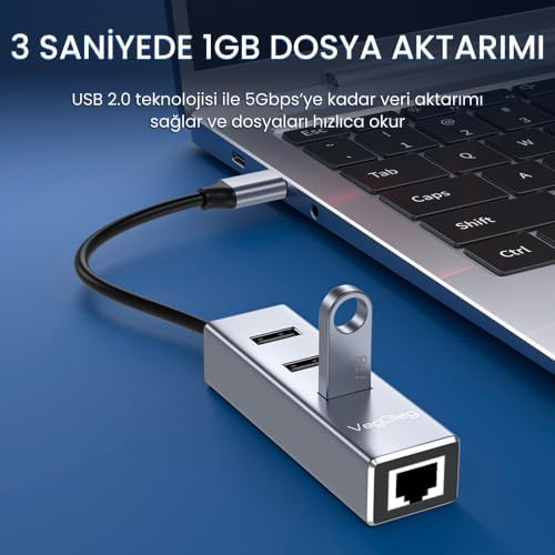 USB 2.0 to 100Mbps Ethernet Çevirici ve 3 Portlu USB Hub Çoklayıcı