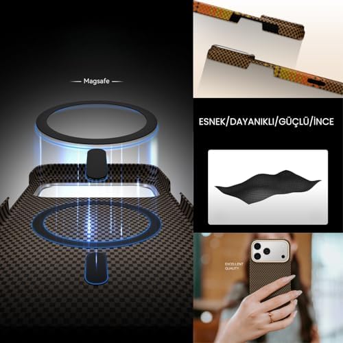 MagSafe Uyumlu 16 ProMax Telefon Kılıfı, Kevlar Görünümlü, İnce Tasarım, Kablosuz Şarj Destekli İphone (Çöl Rengi)