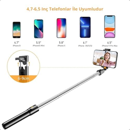 Bluetooth Uzaktan Kumandalı Tripodlu Selfie Çubuğu – Paslanmaz Çelik Gövde, 70 cm Uzayabilir, iOS & Android Uyumlu, Kablosuz Uzaktan Deklanşörlü Telefon Tripodu