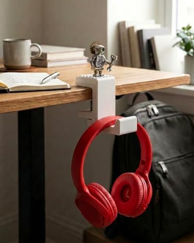 AtalarStudio Kulaklık Standı Masa Kenarı Kıskaç Tutucu, Mini Figür Sergi Yüzeyli, 18-33mm Masa Uyumlu, Vidalı Sıkıştırma Sistemi, Oyun ve Ofis Masası Aksesuarı, 3D Baskı, Beyaz
