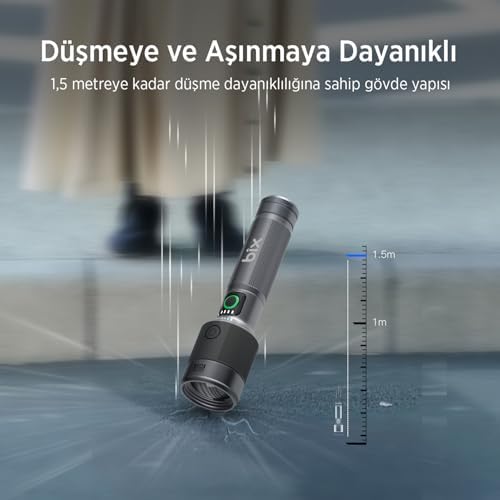 Bix Flashlight BX2101FL 30W LED, Max. 1450 Lümen Parlaklık ve 690 Metreye Kadar Uzun Menzilli Şarj Edilebilir, LED Güç Göstergeli Çok Modlu Acil Durum ve Kamp Kompakt El Feneri
