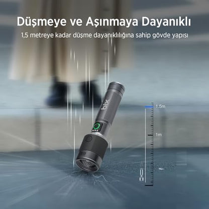 Bix Flashlight BX2101FL 30W LED, Max. 1450 Lümen Parlaklık ve 690 Metreye Kadar Uzun Menzilli Şarj Edilebilir, LED Güç Göstergeli Çok Modlu Acil Durum ve Kamp Kompakt El Feneri