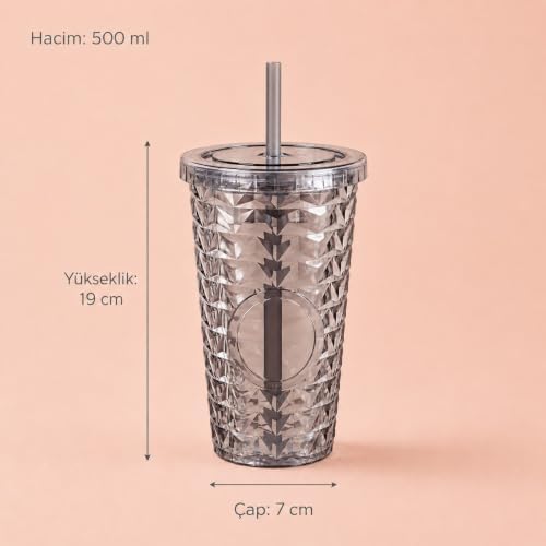 Pipetli Mika Bardak 500 ml, Kapaklı ve Pipetli İçecek Bardağı, Soğuk Kahve Meşrubat Smoothie ve Günlük Kullanım İçin Pratik Plastik Bardak (Siyah)