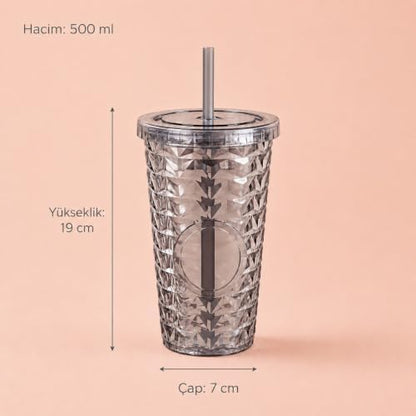 Pipetli Mika Bardak 500 ml, Kapaklı ve Pipetli İçecek Bardağı, Soğuk Kahve Meşrubat Smoothie ve Günlük Kullanım İçin Pratik Plastik Bardak (Siyah)
