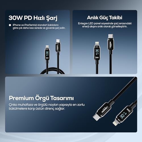Xenon Smart Type-C to Lightning iPhone Şarj Kablosu | 30W PD Hızlı Şarj 2m LED Örgü 480Mbps X6427
