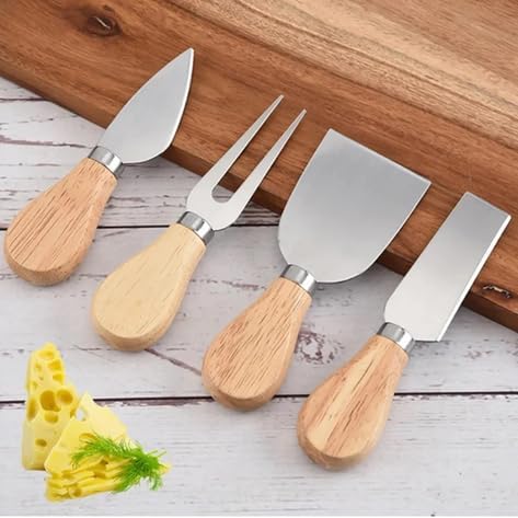 4 Parça Akasya Ahşap Peynir Sunum Seti ve Bıçak Takımı - 29x18 cm Şarküteri ve İkramlık Tahtası - Paslanmaz Çelik Peynir Bıçakları (Akasya - 4'lü Bıçak Seti)