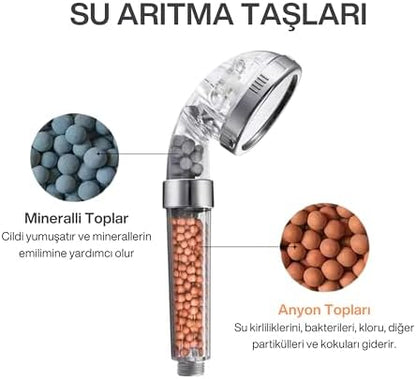 Arıtmalı Tasarruflu Duş Başlığı - 3 Ayarlı Krom & Şeffaf,%200 Artan Basınç,%35 Tasarruf, Kireç & Klor Azaltıcı