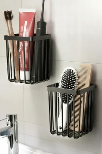 2'Li Set Yapışkanlı Diş Fırçalık, Saç Fırçası Tarak Düzenleyici, Banyo Düzenleyici Banyo Rafı Siyah