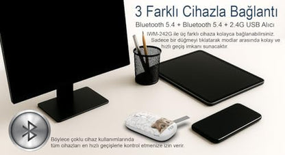 Inca IWM-242KT Çift Mod Şarj Edilebilir Kedi Desenli Sessiz Mouse, Bluetooth 5.4 + 2.4G, 500mAh, 70g, Beyaz