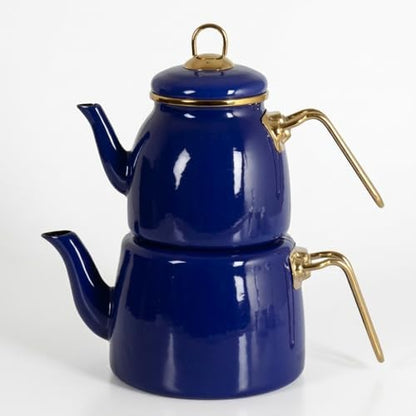 İçten Kaplamalı Emaye Çaydanlık Takımı - Gold Detaylı Nostaljik Alt Üst Çay Seti (1.2 Litre + 2 Litre) - 3 Renk Seçeneği (MAVİ)