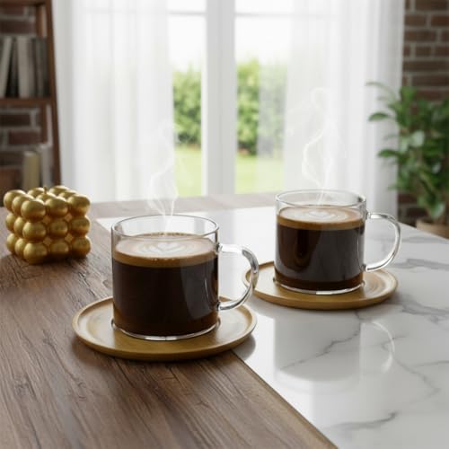 Bambu Tabaklı 2'li Cam Fincan Seti 150 ml - Yuvarlak/Kare Seçenekli Borosilikat Bitki Çayı ve Double Kahve Fincanı (YUVARLAK TABAKLI)