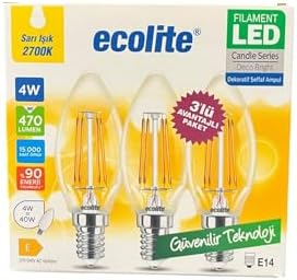 4W LED Filament Mum Ampul, E14 Duy, 2700K Sarı Işık, 470 Lümen, Şeffaf Cam, Akkor Görünümlü Dekoratif Lamba, 3'lü Paket