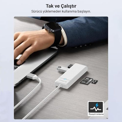 USB 3.0 to 3.0 TF SD Kart Okuyucu 3 Portlu USB 3.0 Çoklayıcı Adaptör Beyaz
