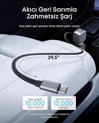 Nano USB-C Araç Şarj Cihazı, 75W, Ultra Kompakt Type-C Hızlı Şarj Cihazı, Entegre Geri Çekilebilir Kablo, Gri - A2738