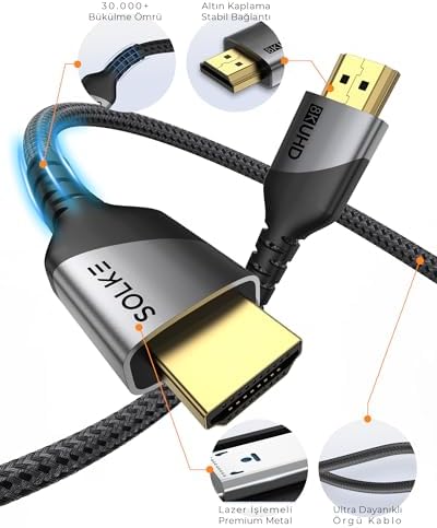 HDMI 2.1 Kablo UHD 8K 60Hz 4K 120Hz 48Gbps HDR eARC HDCP TV Monitör PS5 Xbox Görüntü Kablosu Örgülü Alüminyum (3 Metre)