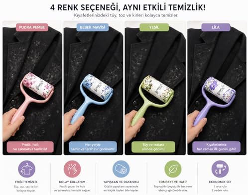 Tüy Toplama Rulosu Seti – 1 Ana Rulo + 2 Yedek Rulo, Güçlü Yapışkanlı Temizlik Rulosu, Kıyafet Koltuk Halı Temizleme (Yeşil)