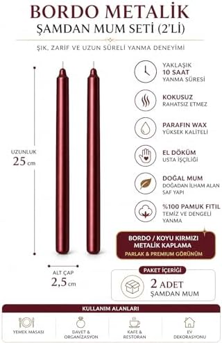 2’li Bordo/Koyu Kırmızı Metalik Şamdan Mum Seti 25 cm – Dekoratif İnce Şamdan Mum, Kokusuz Parafin Wax,%100 Pamuk Fitil, El Döküm, Uzun Süre Yanma (~10 Saat), Şık Sofra, Davet, Nişan, Düğün