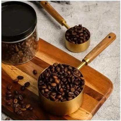 4 Boy Özel Üretim Ağaç Saplı Paslanmaz Çelik Ölçü Kaşığı Kabı Seti - Lüks Şık Doğal Görünüm, Otantik Altın Renk, 60 ml - 80 ml - 125 ml - 250 ml Ölçülerde